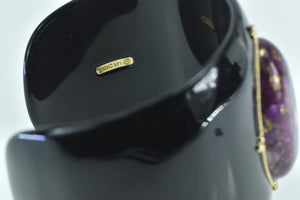 14K Oval Pyritic Sugilite Black Resin Cuff Bracelet 7" Yellow Gold