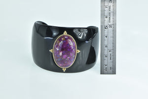 14K Oval Pyritic Sugilite Black Resin Cuff Bracelet 7" Yellow Gold