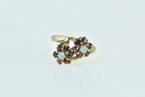 14K Opal Ruby Halo Flower Cluster Bypass Ring Yellow Gold