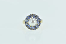 Load image into Gallery viewer, 10K 7.4mm Pearl Tanzanite Halo Flower Cocktail Ring Yellow Gold