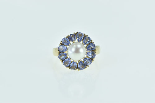 10K 7.4mm Pearl Tanzanite Halo Flower Cocktail Ring Yellow Gold