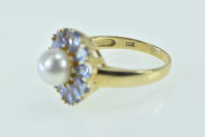 10K 7.4mm Pearl Tanzanite Halo Flower Cocktail Ring Yellow Gold
