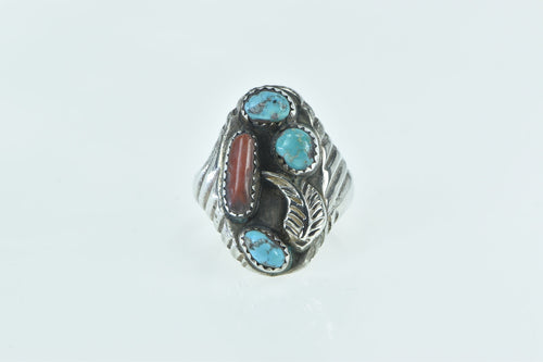 Sterling Silver Southwestern Turquoise Coral Feather Cluster Ring