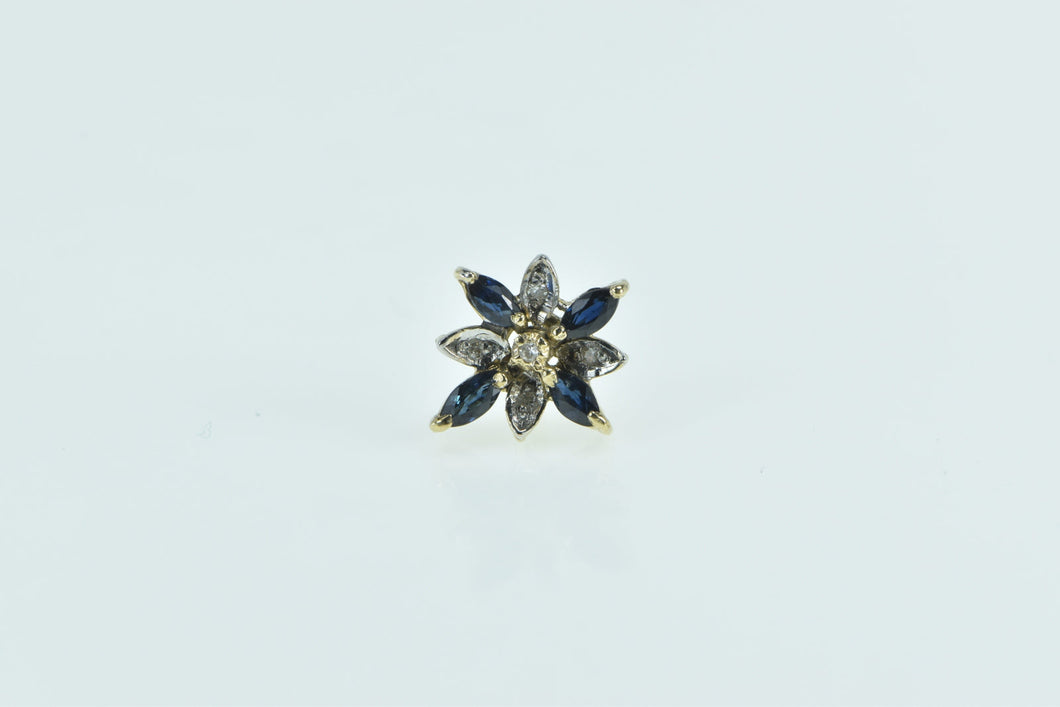 14K Single Sapphire Diamond Flower Cluster Earring Yellow Gold