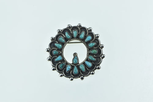Sterling Silver Ornate Turquoise Scalloped Southwestern Pin/Brooch