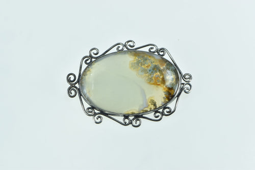 Sterling Silver Oval Moss Agate Scroll Filigree Statement Pin/Brooch