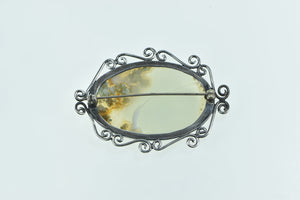 Sterling Silver Oval Moss Agate Scroll Filigree Statement Pin/Brooch