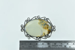 Sterling Silver Oval Moss Agate Scroll Filigree Statement Pin/Brooch