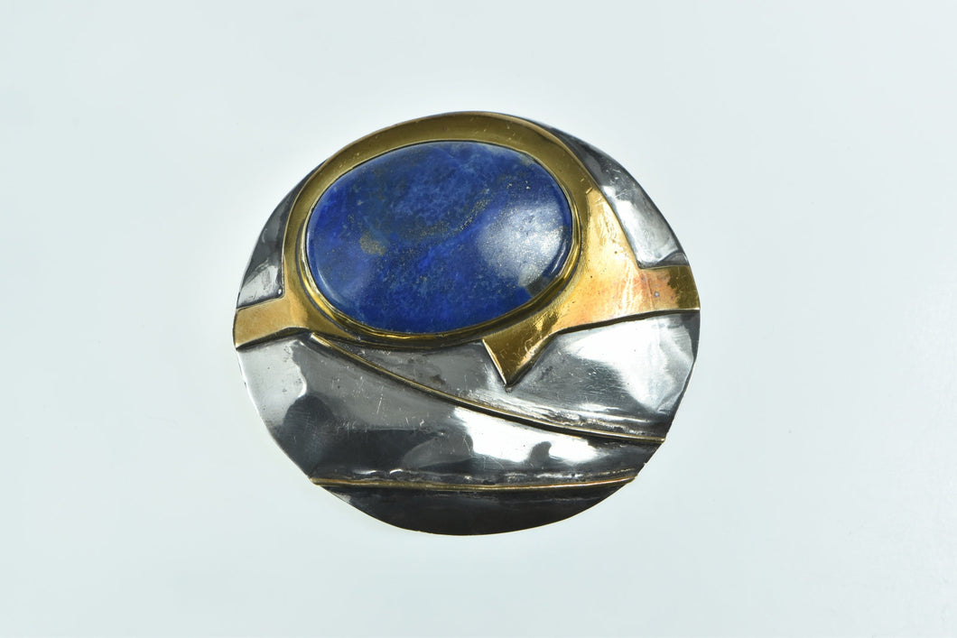 Sterling Silver Ornate Two Tone Brass Lapis Lazuli Round Pin/Brooch