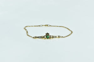 9K Heart Claddagh Celtic Syn. Emerald CZ Chain Bracelet 7.25" Yellow Gold