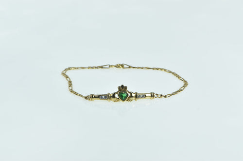 9K Heart Claddagh Celtic Syn. Emerald CZ Chain Bracelet 7.25