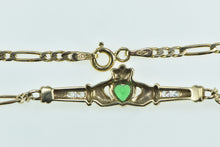 Load image into Gallery viewer, 9K Heart Claddagh Celtic Syn. Emerald CZ Chain Bracelet 7.25&quot; Yellow Gold