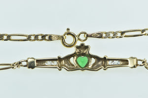 9K Heart Claddagh Celtic Syn. Emerald CZ Chain Bracelet 7.25" Yellow Gold