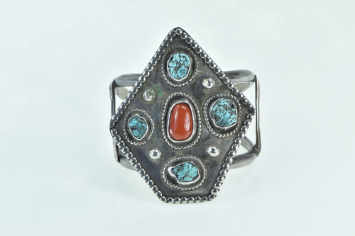 Sterling Silver Southwestern Turquoise Coral Ornate Cuff Bracelet 6.25