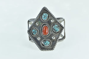 Sterling Silver Southwestern Turquoise Coral Ornate Cuff Bracelet 6.25"