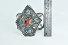 Load image into Gallery viewer, Sterling Silver Southwestern Turquoise Coral Ornate Cuff Bracelet 6.25&quot;