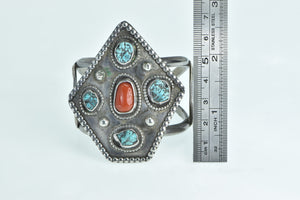 Sterling Silver Southwestern Turquoise Coral Ornate Cuff Bracelet 6.25"