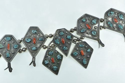Sterling Silver Southwestern Turquoise Coral Squash Blossom Necklace 28