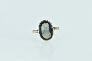 10K Victorian Onyx Cameo Ornate Carved Lady Ring Yellow Gold