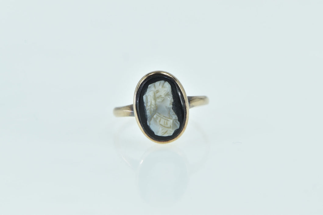 10K Victorian Onyx Cameo Ornate Carved Lady Ring Yellow Gold