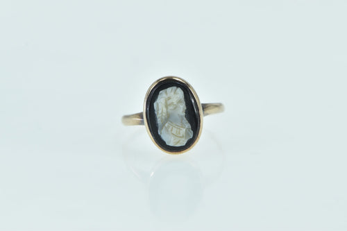 10K Victorian Onyx Cameo Ornate Carved Lady Ring Yellow Gold