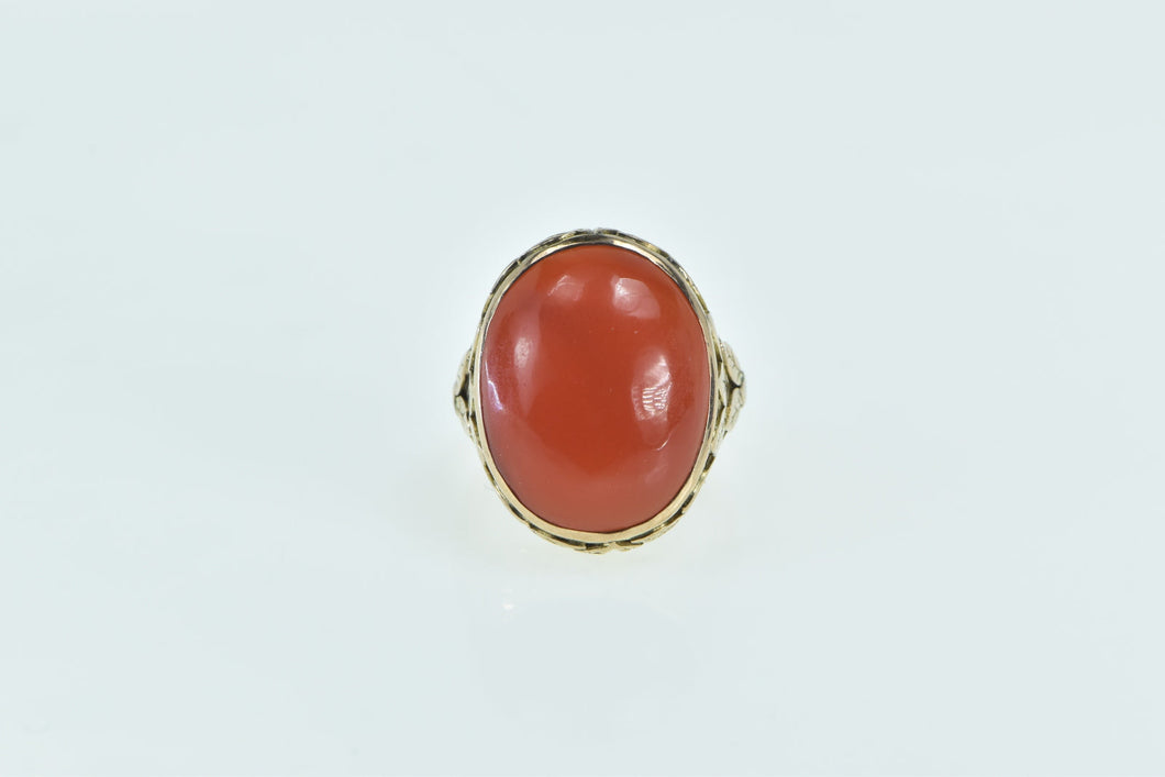10K Victorian Ornate Floral Leaf Accent Cabochon Ring Yellow Gold