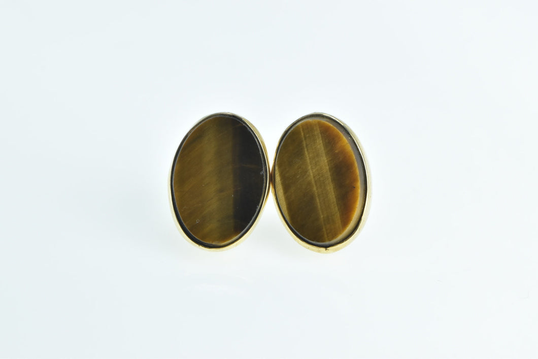 14K Oval Tiger's Eye Vintage Statement Stud Earrings Yellow Gold