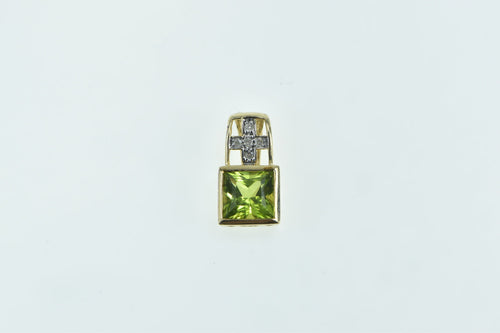 14K Princess Peridot Diamond Cross Square Pendant Yellow Gold