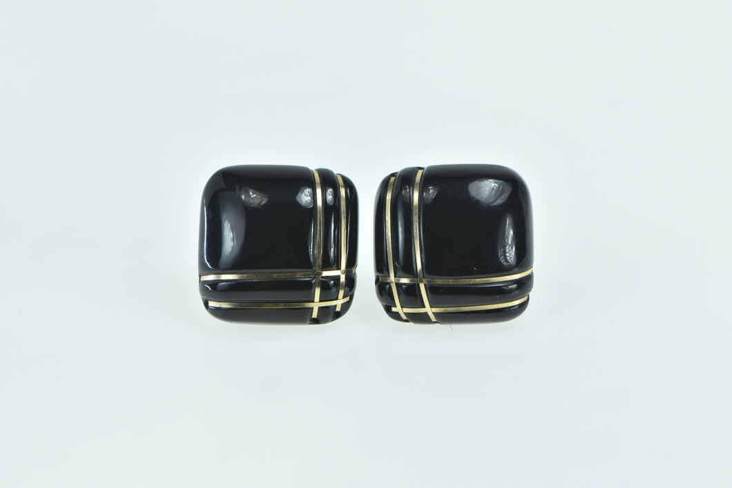 14K Carved Black Onyx Squared Inlay Vintage Earrings Yellow Gold