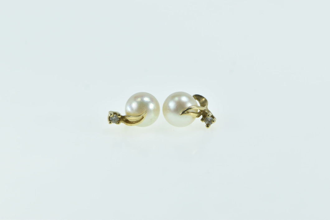 14K 6.1mm Pearl Diamond Leaf Accent Stud Earrings Yellow Gold