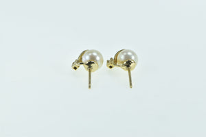 14K 6.1mm Pearl Diamond Leaf Accent Stud Earrings Yellow Gold