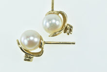 Load image into Gallery viewer, 14K 6.1mm Pearl Diamond Leaf Accent Stud Earrings Yellow Gold