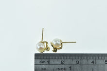 Load image into Gallery viewer, 14K 6.1mm Pearl Diamond Leaf Accent Stud Earrings Yellow Gold