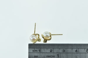 14K 6.1mm Pearl Diamond Leaf Accent Stud Earrings Yellow Gold