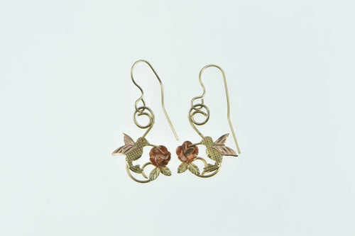 10K Black Hills Hummingbird Leaf Ornate Dangle Earrings Yellow Gold