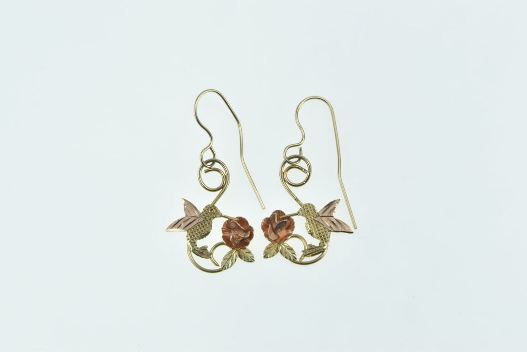 10K Black Hills Hummingbird Leaf Ornate Dangle Earrings Yellow Gold