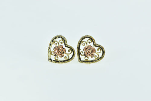 14K Black Hills Gold Rose Flower Heart Stud Earrings Yellow Gold