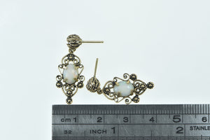 14K Oval Natural Opal Ornate Filigree Dangle Earrings Yellow Gold