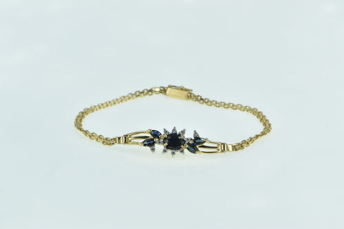 14K Oval Sapphire Diamond Vintage Box Chain Bracelet 6.5