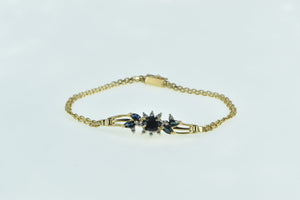 14K Oval Sapphire Diamond Vintage Box Chain Bracelet 6.5" Yellow Gold