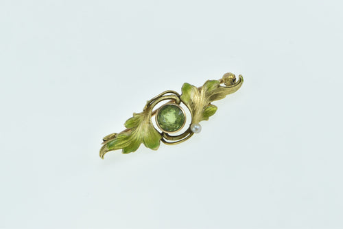 14K Art Nouveau Peridot Pearl Green Enamel Leaf Pin/Brooch Yellow Gold
