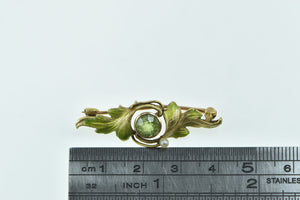 14K Art Nouveau Peridot Pearl Green Enamel Leaf Pin/Brooch Yellow Gold