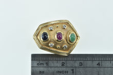 Load image into Gallery viewer, 14K Etruscan Revival Ruby Diamond Emerald Slide Pendant Yellow Gold
