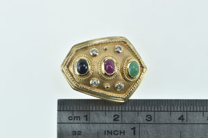 14K Etruscan Revival Ruby Diamond Emerald Slide Pendant Yellow Gold