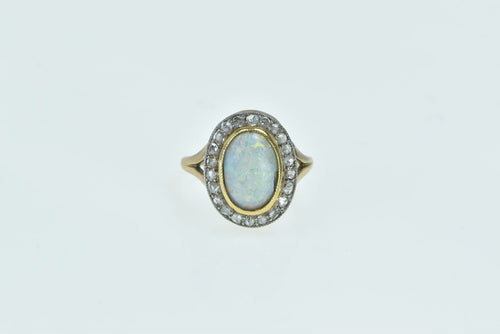 14K Oval Natural Opal Ornate Diamond Halo Ring Yellow Gold