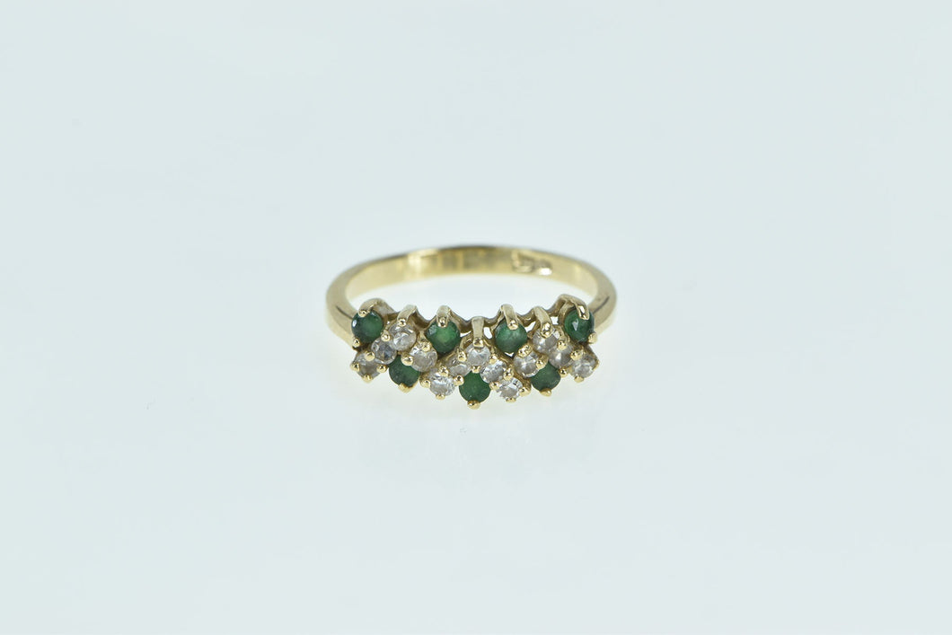 14K Diamond Emerald Zig Zag Vintage Statement Ring Yellow Gold