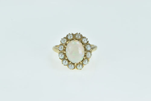 14K Oval Natural Opal Seed Pearl Halo Statement Ring Yellow Gold