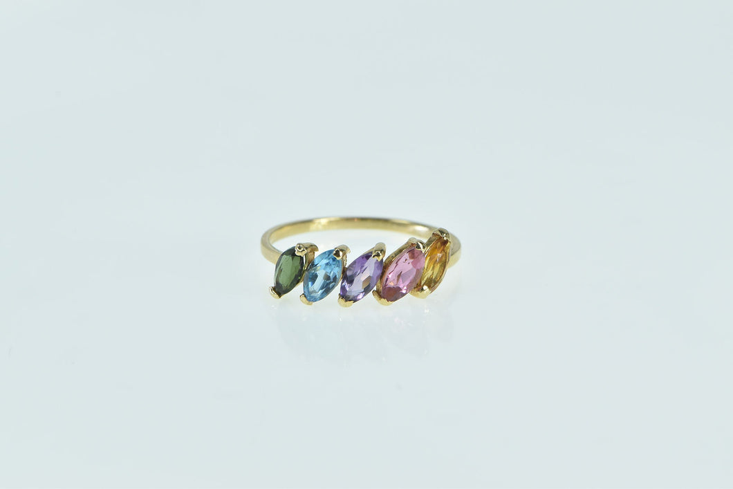 14K Five Stone Marquise Amethyst Citrine Topaz Ring Yellow Gold