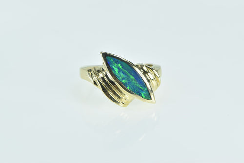 14K Marquise Black Opal Inlay Vintage Bypass Ring Yellow Gold