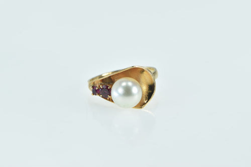 14K 1930's Pearl Ruby Bow Statement Ring Yellow Gold
